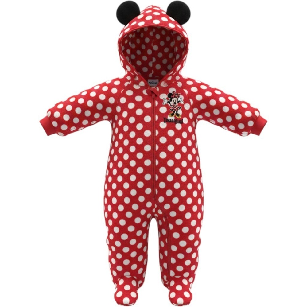Disney Resort MINNIE MOUSE Red White Polka Dot Fleece 1 Piece Hooded 12 Months